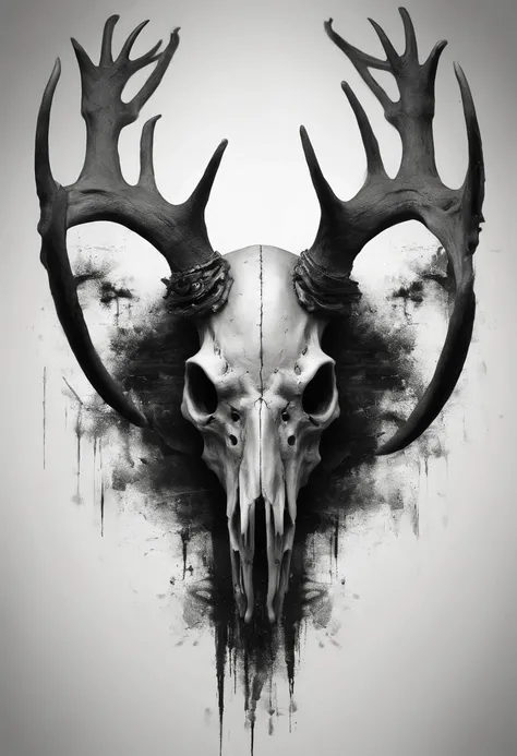 Moose skull with five eyes and four horns, hyper-realistic, artistic, tudo preto e branco