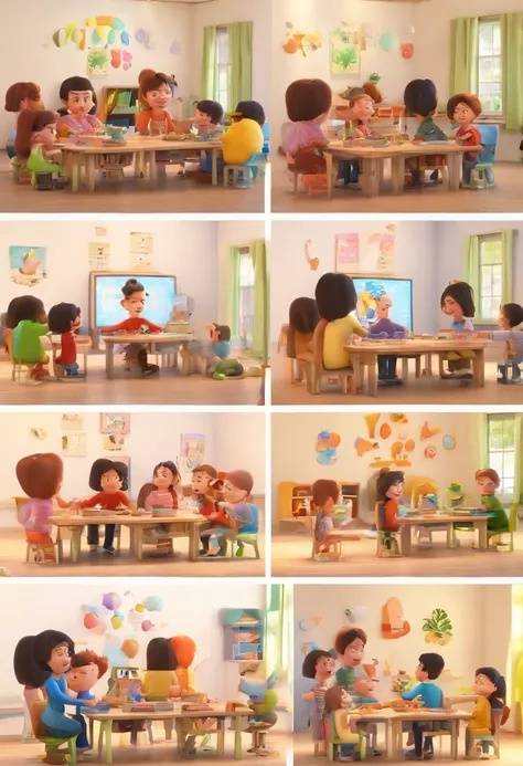 A 3D Disney Pixar Image animation of a doppelganger teacher with 06 small children drawing. Uma sala de aula.