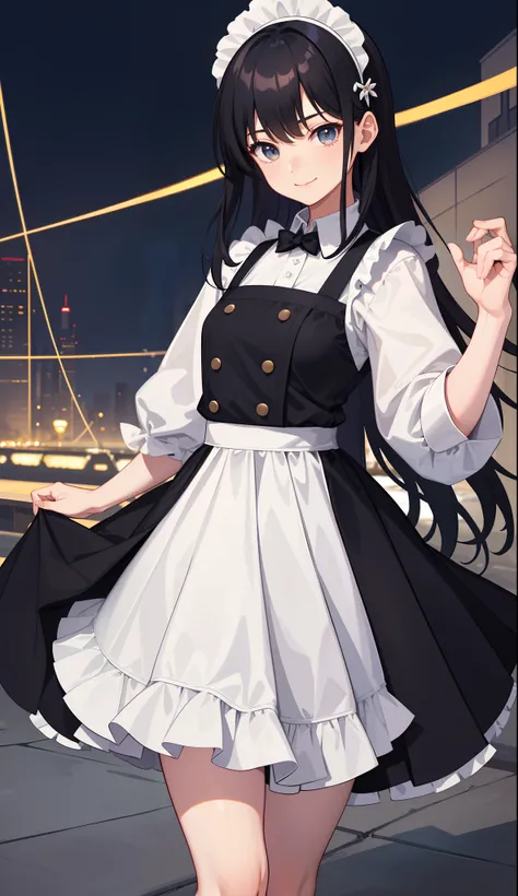 1girl in、AS-Adult、A smile、The shirt、skirt by the、（small tits）、doress、pinafore、Hair decoration、（Maid costume）、Walking with a thigh、Upper body portrait、movement、