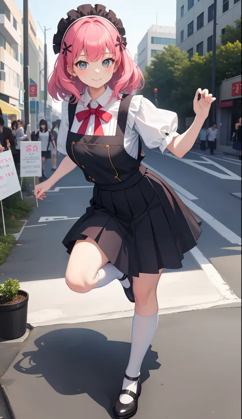 1girl in、AS-Adult、A smile、The shirt、skirt by the、（small tits）、doress、pinafore、Hair decoration、（Maid costume）、Walking with a thigh、Upper body portrait、movement、