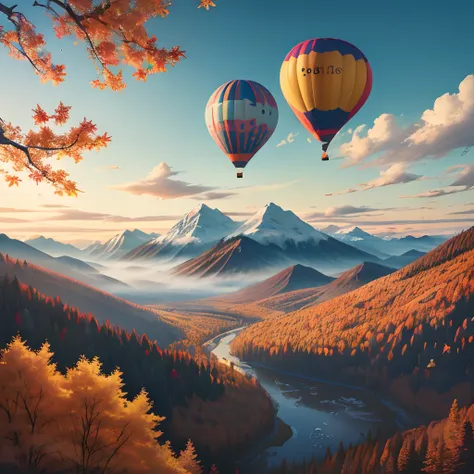 (Best quality,4K,8K,A high resolution,Masterpiece:1.2), （Blue hot air balloon，a cartoon piggy motif on The balloon ），Breathtaking autumn, Romantic clouds，The mountain is overgrown with maple trees，Colorful maple leaves，