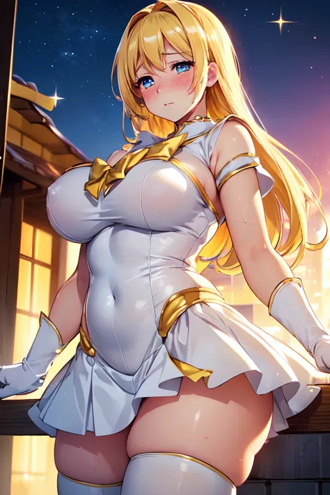 (High quality, High resolution, Fine details, Realistic), Rooftop, ((Yellow magical girls clothing)), Sexy poses, solo, (Curvy women), Blonde hair, sparkling eyes, (Detailed eyes), (((blush))), Large breasts, Sweat, Oily skin, Shallow depth of field