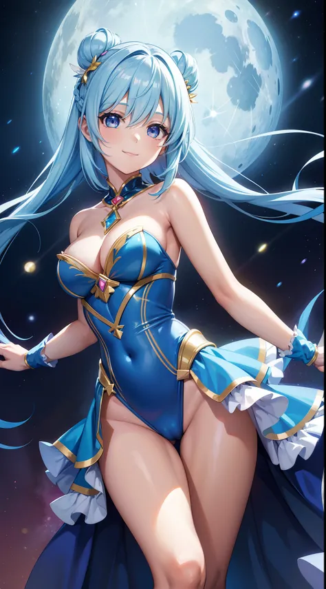 Super Idol　a beauty girl　Outstanding smile　sky blue hair　length hair　Facing straight ahead　Looking at the camera　Twin-tailed　Iridescent ruffled leotard costume　Mystical　Fantasia　constellation　a moon　Crystal Brilliance　Aurora Borealis in the Night Sky