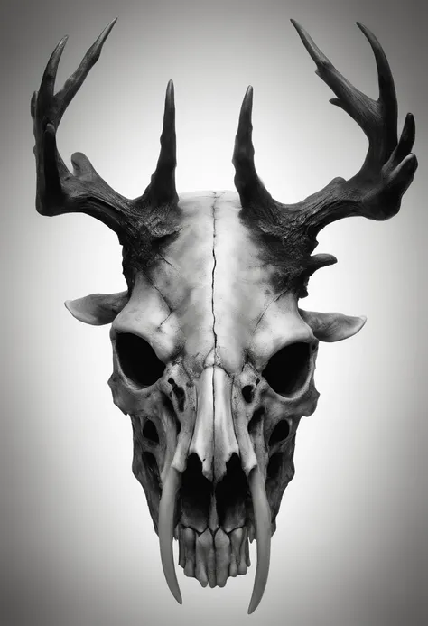 Moose skull, 5 cavidades ocular, 4 chifres, hyper-realistic, artistic, tudo preto e branco