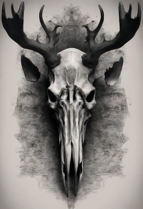 Moose skull, 5 cavidades ocular, 4 chifres, hyper-realistic, artistic, tudo preto e branco