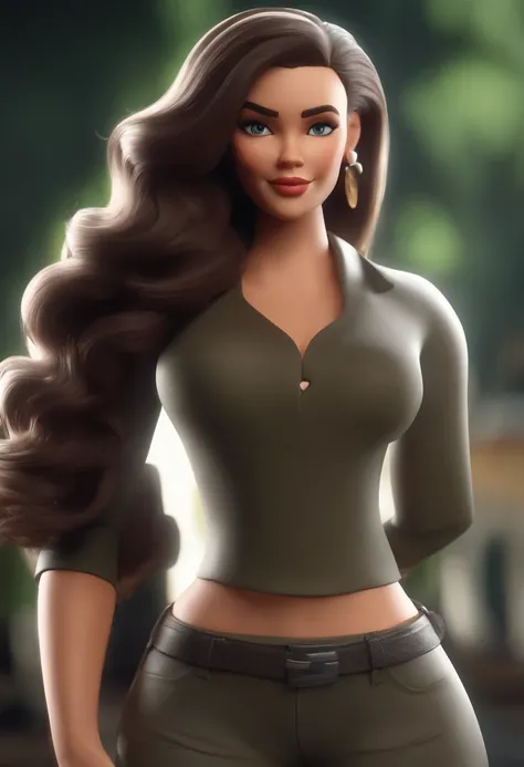 personagem dos desenhos animados de uma mulher de cor parda, cabelos pretos, liso, com quadris largos, de camisa preta, calca jeans, tenes branco, animation character, Caractere estilizado, animation style rendering, 3D estilizado, Arnold Maya render, 3 d ...