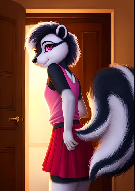 Best quality, anthropomorphic, petite skunk girl with black fur and pink eyes, standing in a bedroom wearing a mini skirt and a pink shirt. She has a fluffy skunk tail and her arms are positioned behind her back. The scene is safe for work (SFW). The artwo...