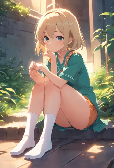 a cute loli，Long whit hair，Leaky shoulders，Barefoot，Look up at your head，Lie on the ground，raise her legs，shift dresses，white  panties，largeeyes，Cute faces in anime，Lori，long white socks，masturbation