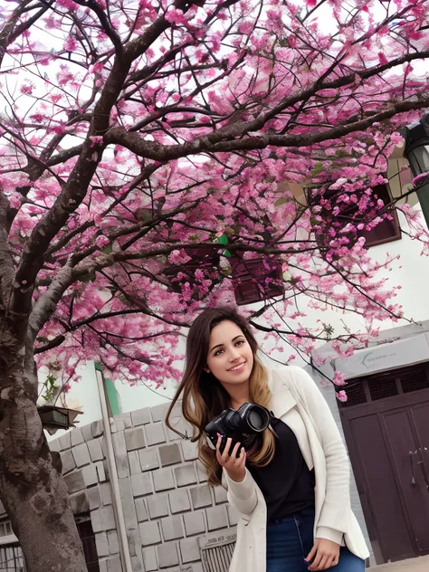 Woman taking a picture of a tree with a camera in front of her, fotografia, cerejeira no fundo, Under the Sakura Tree, Temporada Sakura, Directed by: Fernando Gerassi, fotografia, Malika Favre, Foto tirada com Canon 5D, Directed by: Nandor Soldier, !! look...