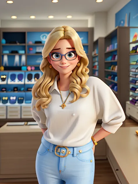 A disney pixar style blonde woman with the background of an eyewear store, alta qualidade, melhor qualidade