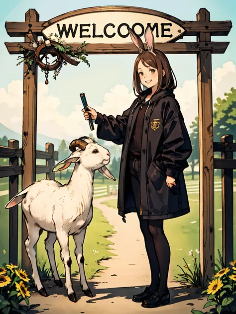 A brunette haired girl with a gray rabbit and brown Nubian goat, standing beside a sign that says “Welcome to the hobby farm” cheerful illustration