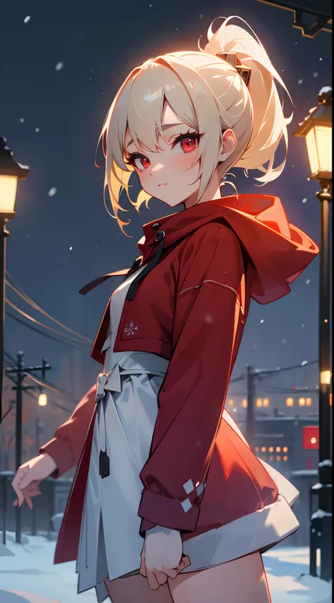 1girl in,a blond、Pony tail、Red Eyes、small tits,Wearing a red hoodie,city,winter snow,Night,absurderes,hight resolution, ultrasharp, 8K, masutepiece, Looking at Viewer, Fantasy, Magical, Snow-covered rooftop, Frozen breath rises, Glowing streetlights, Ether...