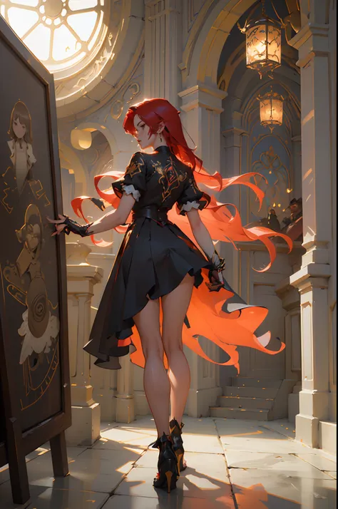 01_Red-haired demoness woman, full growth, very beautiful, long red hair, smooth, clean, white skin. Red and black short evening dress, (Pixar animation) cold backlighting from the side, expressing volume and shape. High-quality 3D visualization, simulatin...