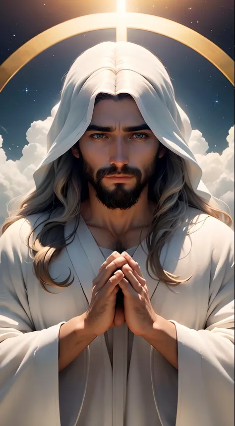 Imagem de Jesus Cristo nas nuvens, Homem, cabelos e barba longos, olhos perfeitos, olhos abertos, olhar sereno, hands in prayer position, Wearing a white robe in the skies, aura de luz em volta, olhando para as pessoas na terra, Blessing the People on Eart...