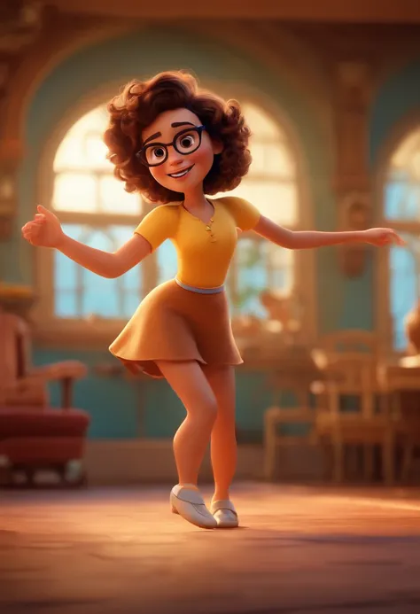 Pixar style image with 3D character white glasses brunette woman short curly hair dancing, Maquiagem Disney,Pescador, bonitinho, sorridente ,Close-up, Pixar, Disney, Cinema lighting,