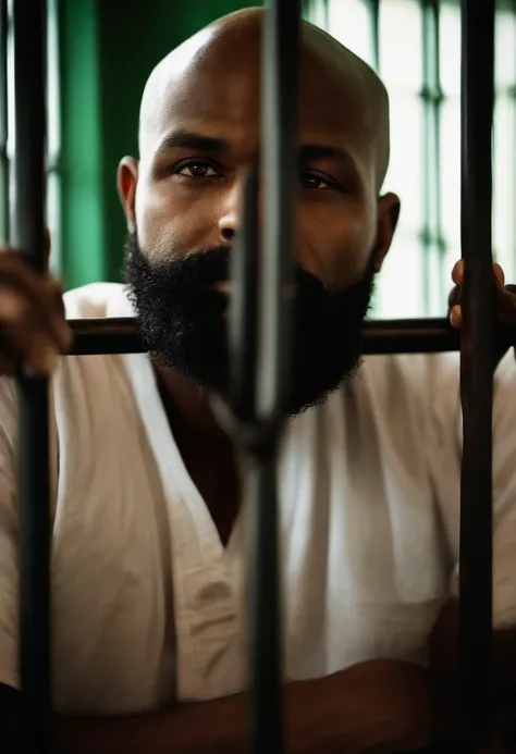 Quero uma foto de um homem negro, bald and bearded in prison that shows his face well while he is physically weak and behind bars