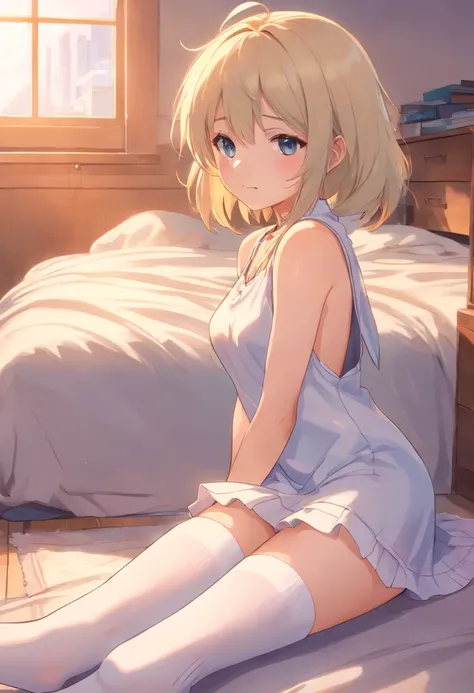 a cute loli，Long whit hair，Leaky shoulders，Barefoot，Look up at your head，Lie on the ground，raise her legs，shift dresses，white  panties，largeeyes，Cute faces in anime，Lori，long white socks，masturbation,sleeveless