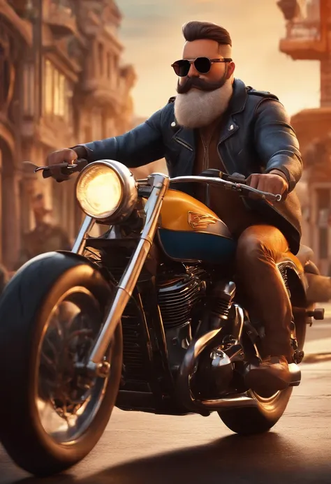 a 3D Disney Pixar style poster of a man with a beard and sunglasses,  pilotando uma Drag Star 650 em um passeio de motocicleta