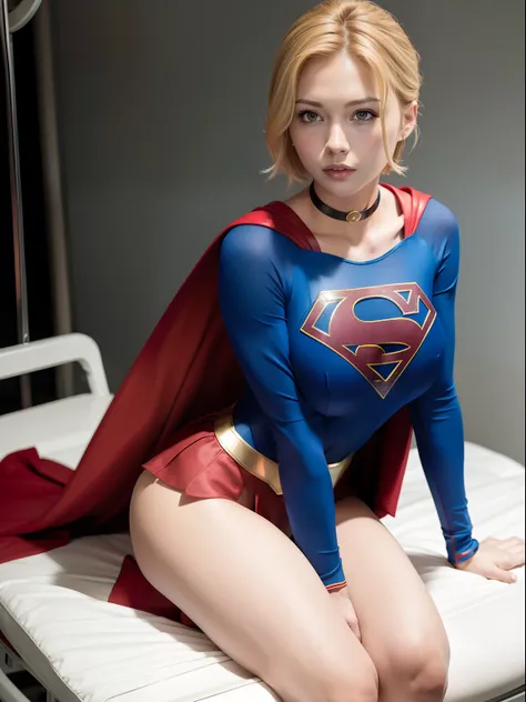 ​masterpiece,Supergirl Costume, short-hair, bare-legged, large full breasts,surgery room、Operating table、straddle、depraved、shiny、Looking at the camera、a choker