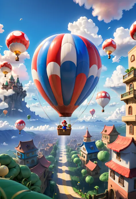 in a colorful sky, a giant hot air balloon floats gently. inspired entirely by the world of super mario games, the balloon is ad...