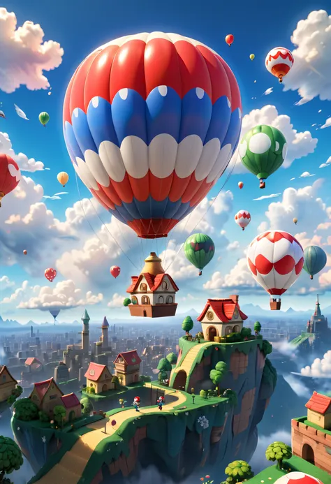 In a colorful sky, a giant hot air balloon floats gently. Inspired entirely by the world of Super Mario games, the balloon is adorned with iconic graphics such as Mario, Luigi, mushrooms, and coins. The balloon itself features vibrant shades of red and blu...