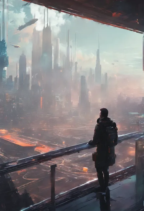 cores abstratas, textura, grain of film, poros da pele: 0.1 Intricate Dramatic Portrait of a Handsome Cyberpunk Scifi Scientist Blown by the Wind Standing on a Balcony Overlooking a Futuristic City (solarpunk) 1.2, foggy morning, still cinematic film frame...