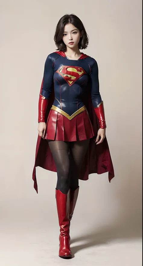 Beautiful girl fighting、japanes、Cute Beautiful Girl、(((Wear black tights on your beautiful legs.)))、(((beauty legs)))、(((Open thighs)))、((((Make the most of the original image)))、(((Supergirl Costume)))、(((Beautiful hair with short cuts)))、(((Injured)))、((...