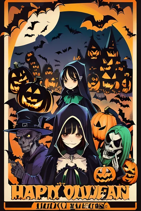 ((top-quality, masutepiece, Top image quality, 8K)), ((Perfect body, Beautiful face, Realistic mid-bust, Big ass)), (((Colorful color illustrations, Cinematic poster , The illustration has large letters "Happy halloween":1.3))), Against the backdrop of mon...