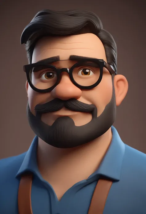 Cartoon character of a man wearing black glasses and a blue shirt, um personagem animado, rosto e corpo magro, bigode e cavanhaque, cachorro amarelo, Caractere estilizado, animation style rendering, 3D estilizado, Arnold Maya render, 3 d render stylized, t...