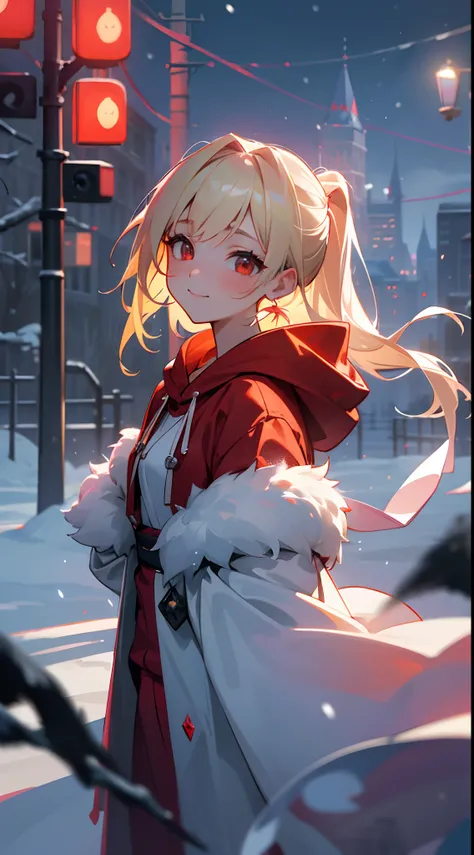 1girl in,a blond、Pony tail、Red Eyes、small tits,A smile、Laugh、Wearing a red hoodie,city,winter snow,Night,absurderes,hight resolution, ultrasharp, 8K, masutepiece, Looking at Viewer, Fantasy, Magical, Snow-covered rooftop, Frozen breath rises, Glowing stree...