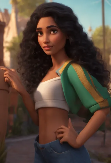 crie um banner no estilo Pixar. Uma menina morena parda com cabelos longos, negros, Smooth appearance, mas jovem, usando uma camiseta, Vestindo jeans e segurando uma flauta transversal