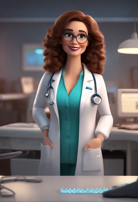 Pixar style image with 3D character white glasses, brunette woman doctor, medium brown curly hair in white lab coat in front of computer working in office, Maquiagem Disney emphatic , sorridente ,Close-up, Pixar, Disney, Cinema lighting, waiting for next p...