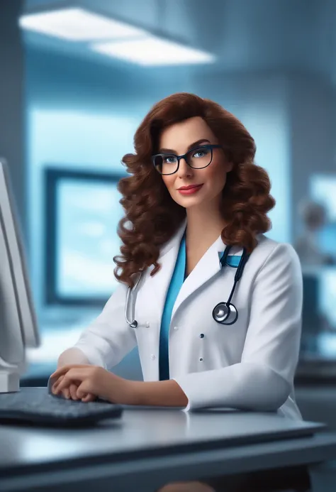 Pixar style image with 3D character white glasses, brunette woman doctor, medium brown curly hair in white lab coat in front of computer working in office, Maquiagem Disney emphatic , sorridente ,Close-up, Pixar, Disney, Cinema lighting, waiting for next p...