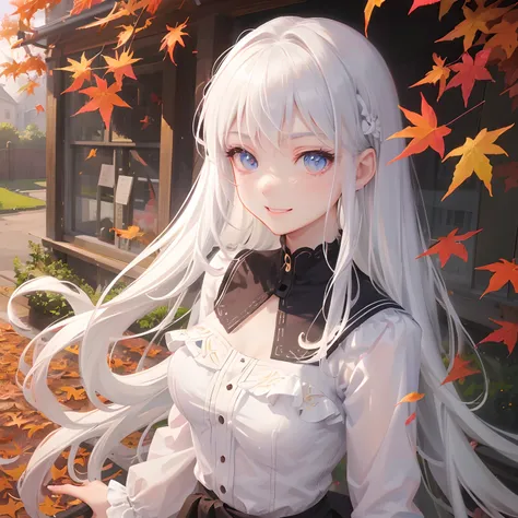 masutepiece, Highest Quality, (Perfect face:1.1), (high detailing:1.1), (ultradetailed eyes), Dramatic,  superfine illustration, Extremely detailed, 1girl in, (pale skin), long white hair, Ethereal eyes, (light eyebrow), ((Lovely smile)), Solo, Long hair, ...