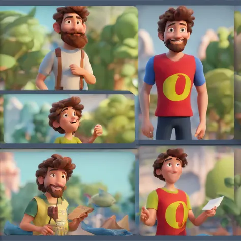 Crie um cartaz inspirado na Disney Pixar com um homem bonito, com barba e cabelo grisalho.