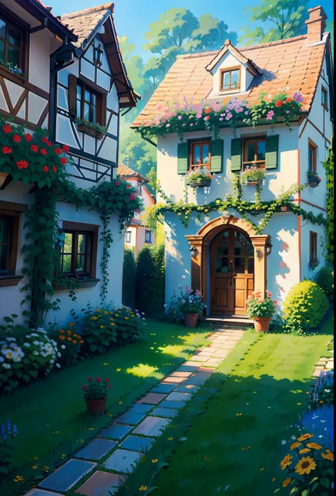 Charming houses in Germany, A beautiful brick path leads to a beautiful flower-filled garden, A sunny dawn illuminates the balcony, The walls are also full of colorful flowers