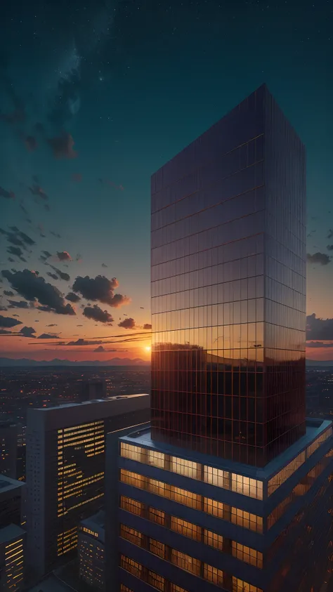 Photorealistic, high resolution. Office building at night. Sunsetting. Dramatic sky. Golden hour. External shot. Cinematic. Wide angle, long shot. 8K Warm lighting   -neg no clouds --auto --s2