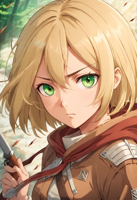 Mikasa Ackerman. Attack on Titan , blond ,olhos verdes , serious face