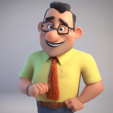 Criar um personagem no estilo Pixar. Trata-se de um homem de 30 anos, com barba, Branco, com cabelos castanhos curtos e um quiff, e olhos castanhos. Ele deve estar na frente de um computador, Trabalhar como designer