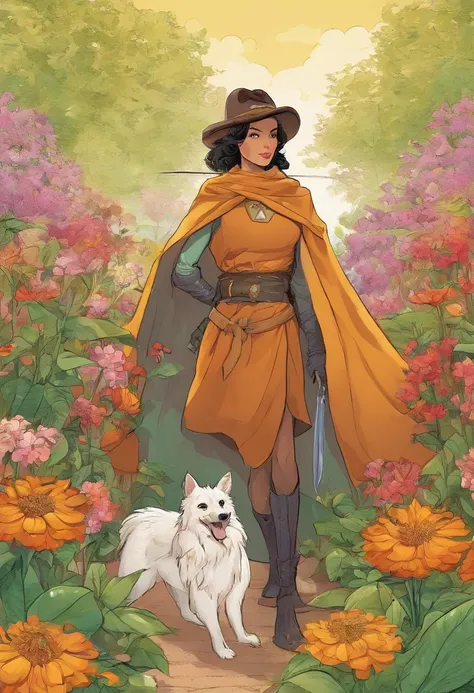 Zorro, (Chica monstruo), Long brown ears with a darker brown interior, brown fur, pelusa de cuello bronceado, brown fluffy tail with a tan tip, grandes ojos marrones, Usar ropa modesta, sitting in a flower garden, Obra maestra, La mejor calidad