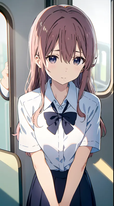 koe no katachi, shirt, 1girl, collared shirt, long hair, train interior, white shirt, bow, brown hair, short sleeves, letterboxed, bangs, solo, closed mouth, facing viewer, blurry, school uniform, blue bow, dress shirt, upper body, depth of field, hair bet...