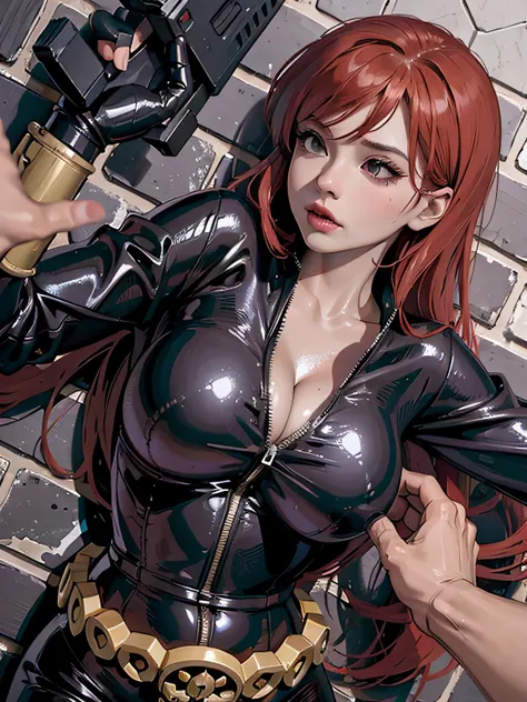 a digital illustration of a woman with red hair, wearing a skin-tight shiny black latex bodysuit with a low-cut neckline revealing a large chest. Her body is curvy, and she is brandishing a gun in her right hand. she is being pushed against the wall by a m...