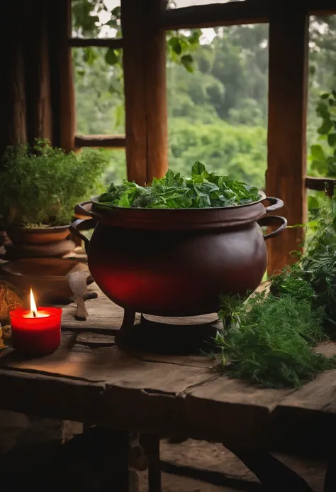 Iron cauldron in the center of the picture with herbs around, sendo elas arruda, Guinea, peregum vermelho. A 7-day white candle on the left side of the cauldron. all on top of a rustic wooden table.