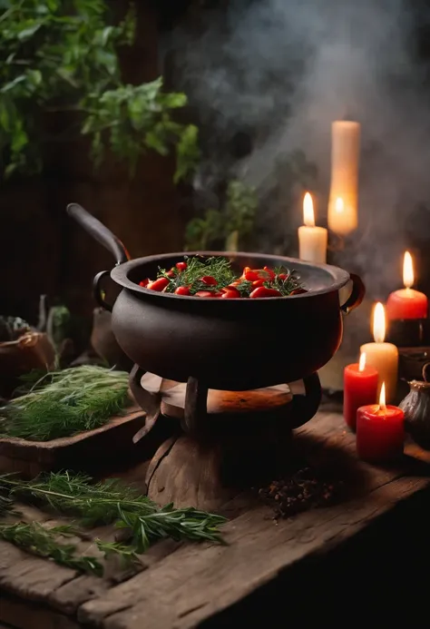 Iron cauldron in the center of the picture with herbs around, sendo elas arruda, Guinea, peregum vermelho. A 7-day white candle on the left side of the cauldron. all on top of a rustic wooden table.