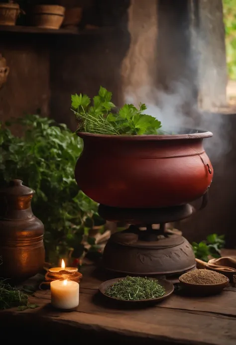 Iron cauldron in the center of the picture with herbs around, sendo elas arruda, Guinea, peregum vermelho. A 7-day white candle on the left side of the cauldron. all on top of a rustic wooden table.