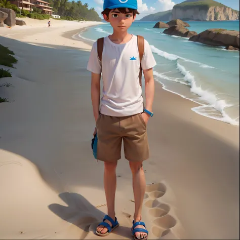 (1 teenager named Mike), (wearing a white t-shirt, cap, brown shorts, flip-flops), (beach in the background)