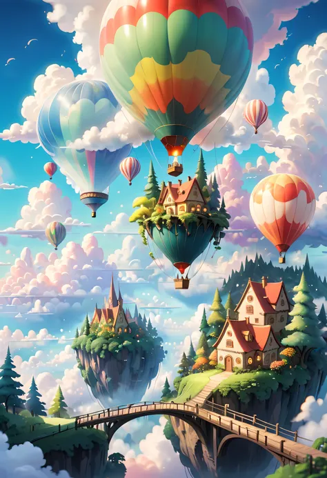 (imagine a fairy tale forest town hovering above the clouds, reflecting the colors of the sky. the town may have bridges and wal...