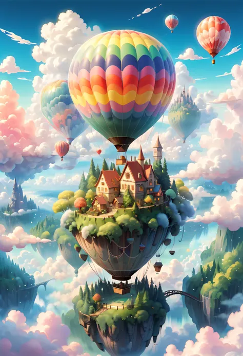 (imagine a fairy tale forest town hovering above the clouds, reflecting the colors of the sky. the town may have bridges and wal...