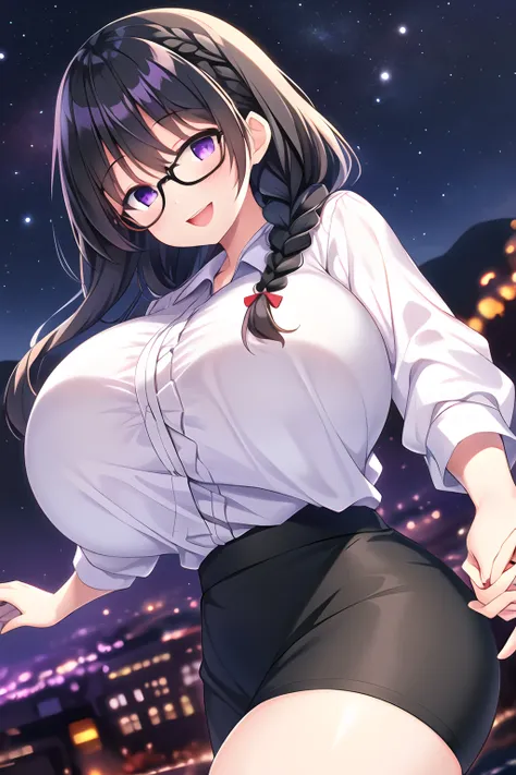 (1girl), (black hair:1.1), (purple eyes), (braid), (glasses), (huge breast), (smile), (:d), (intricate iris details), (white shi...