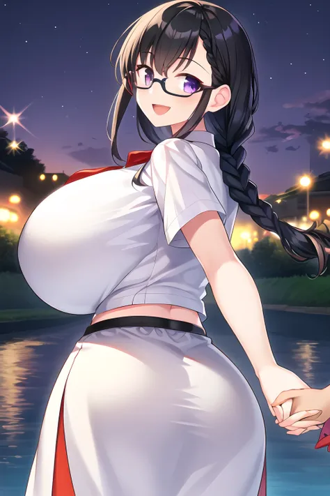 (1girl), (black hair:1.1), (purple eyes), (braid), (glasses), (huge breast), (smile), (:d), (intricate iris details), (white shi...